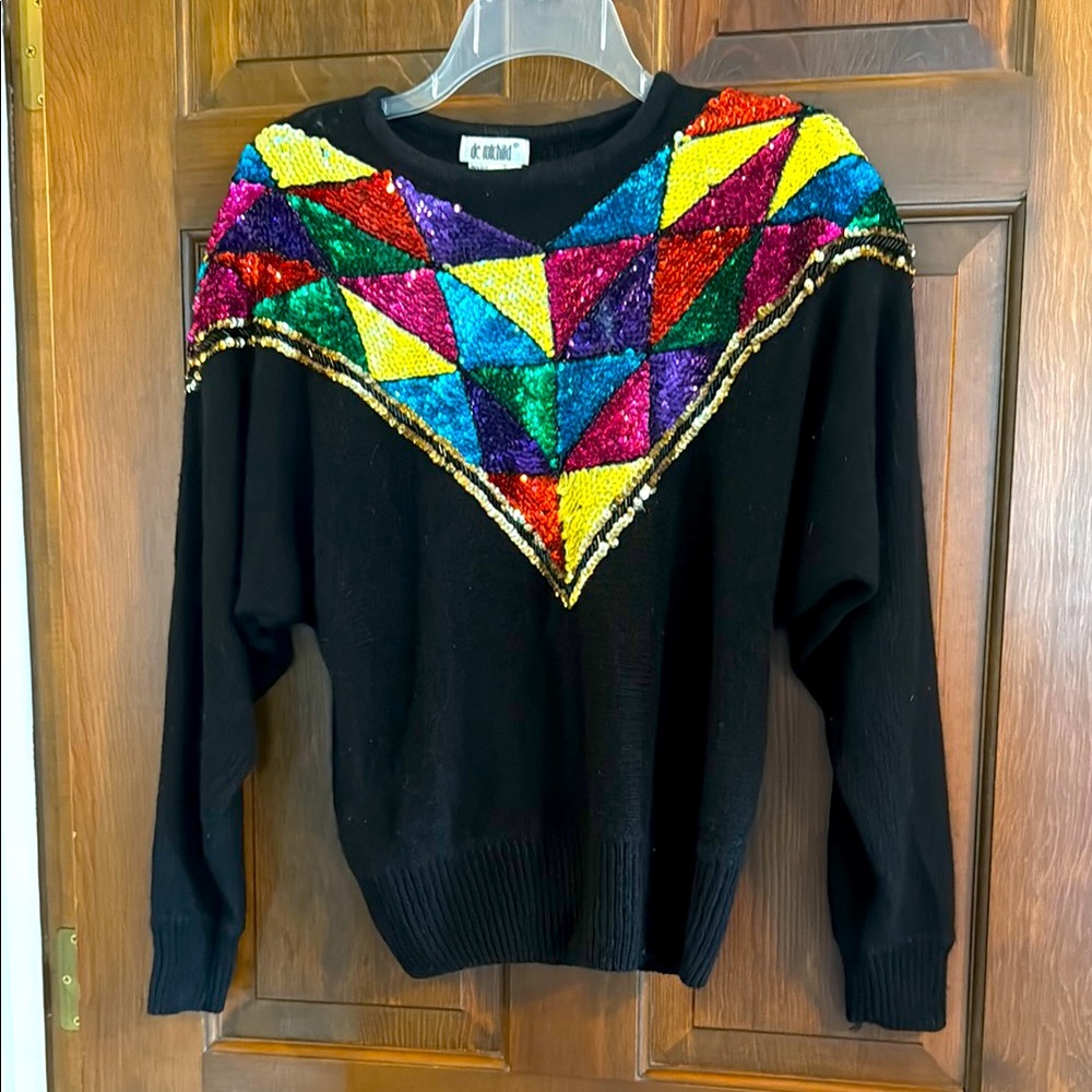 De Rotchild sz L sequin geometric multi-color silk angora black knit sweater EUC
